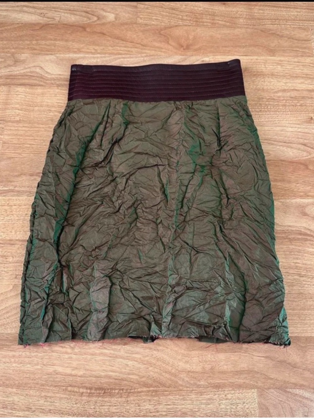 NWT Officine Generale Olive Crinkled skirt w/leather waistband